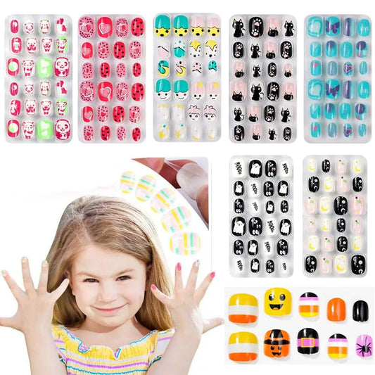 24Pcs/Set Kids Candy Flower Cute Fake Nails Detachable Full Cover False Nails Press On Nails Children Girls Nail Decoration Gift